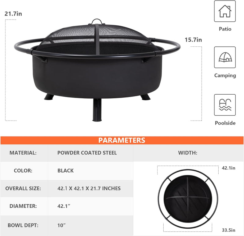 SUNCREAT 42” Patio Fire Pit Wood Burning with Mesh Spark Screen, Bonfire Outdoor firepit with Fireplace Poker, Black