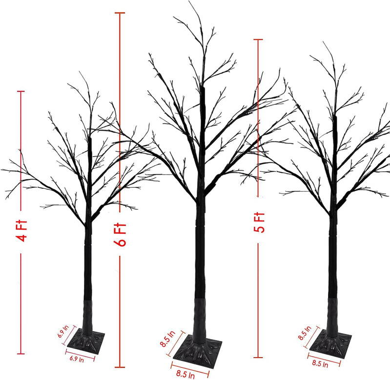 Set of 3 Glowing Black Halloween Trees with 96 LED Lights