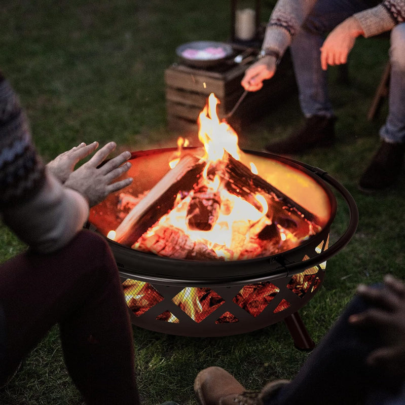 SUNCREAT 42” Patio Fire Pit Wood Burning with Mesh Spark Screen, Bonfire Outdoor firepit with Fireplace Poker, Black