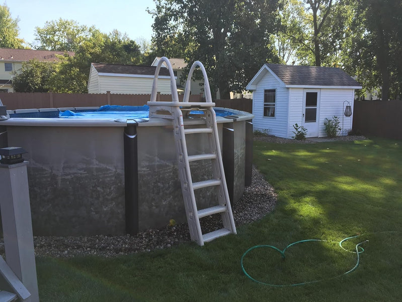 Confer Plastics 7200 Roll Guard 48" to 56" Adjustable A Frame Safety Ladder For Above Ground Outdoor Patio Swimming Pool Platform Ladder with Step Barrier, Warm Grey