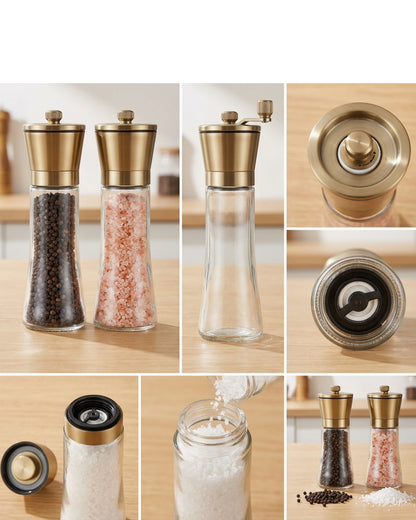 Ympxg Manual Glass Pepper Salt Mills Brass 6.5 in Set